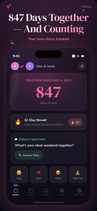Bonbon home screen — days together counter, pet and connection streak
