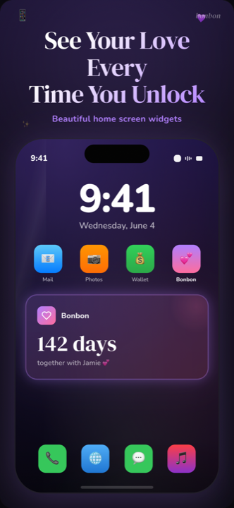 Bonbon couple widget on a phone home screen showing days together